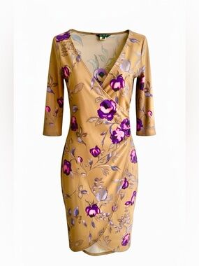 ABS by Allen Schwartz Floral Wrap Dress Tan & Purple Petite